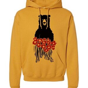 Marushka Hand Printed Yellow Bear Graphic Fleece Hoodie Sweatshirt SZ M